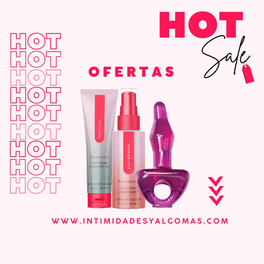 Body care gel, silicone lubricant, and purple intimate toy with 'HOT SALE offers' text on a pink background.