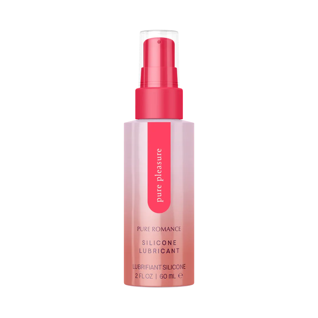 Silicone lubricant spray bottle with pink pump, labeled pure pleasure, 2 fl oz size