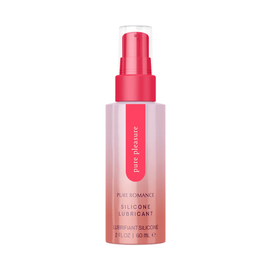 Silicone lubricant spray bottle with pink pump, labeled pure pleasure, 2 fl oz size