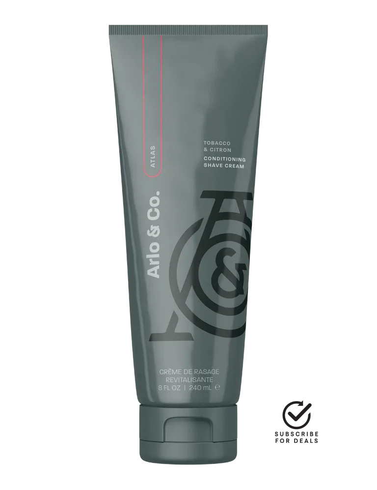 Tobacco and citron conditioning shave cream in gray tube, 240ml size, for skincare.