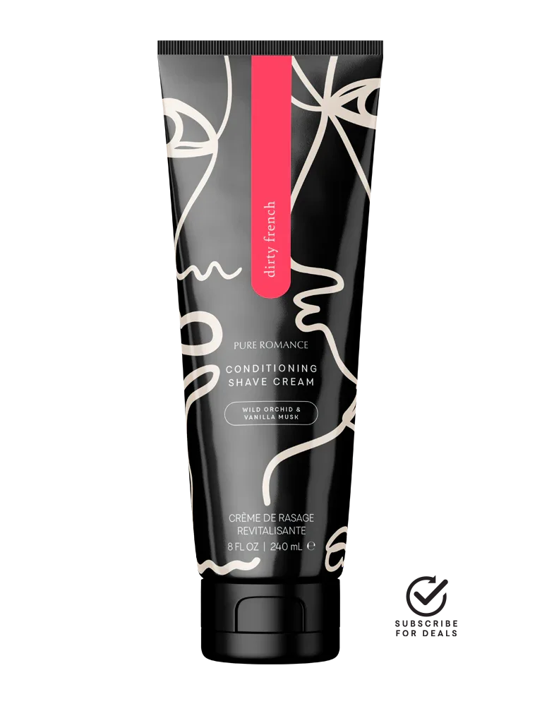 Conditioning shave cream tube with abstract face design, wild orchid and vanilla musk scent