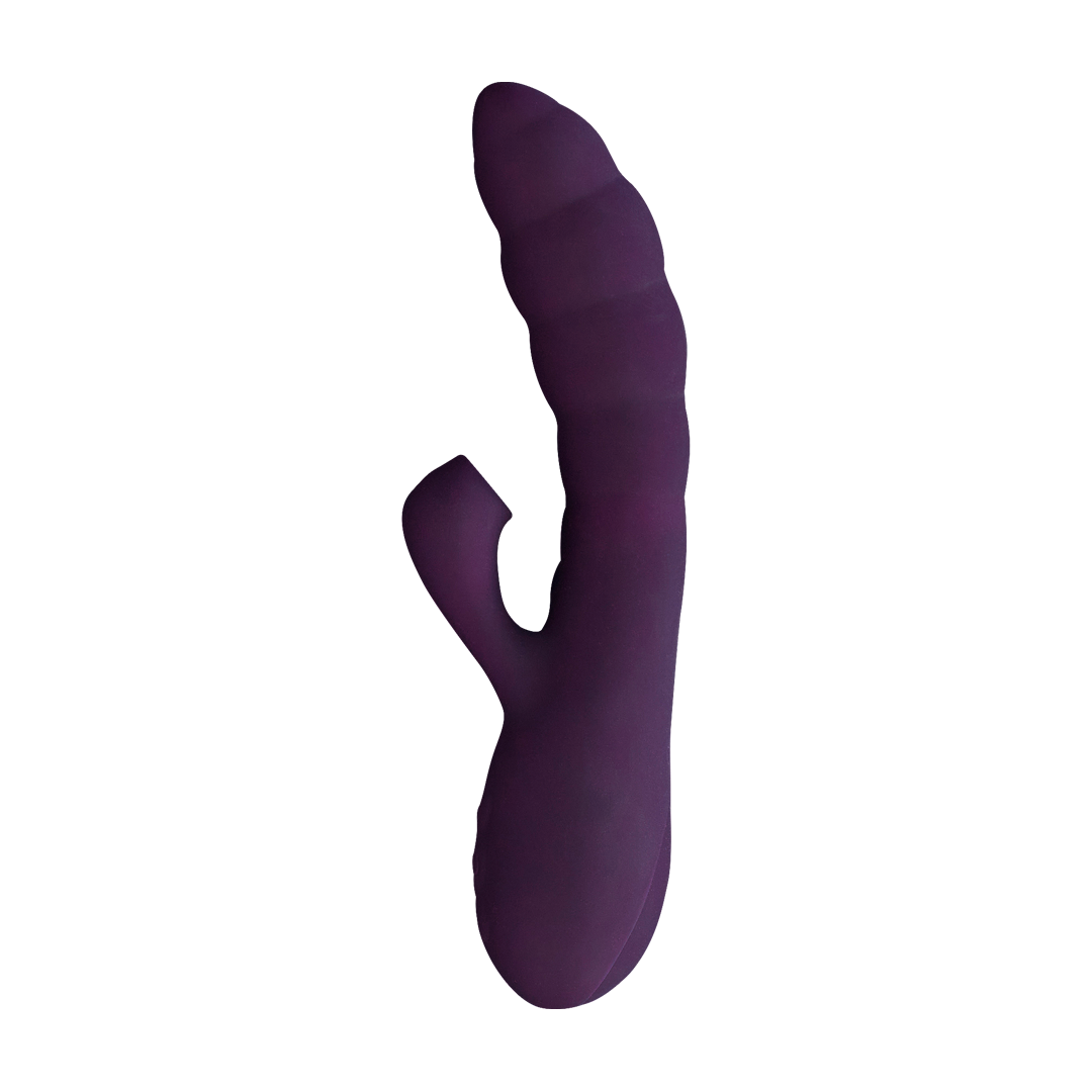 Purple silicone dual stimulator adult massager with textured shaft on white background