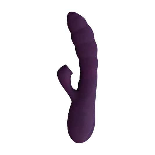 Purple silicone dual stimulator adult massager with textured shaft on white background