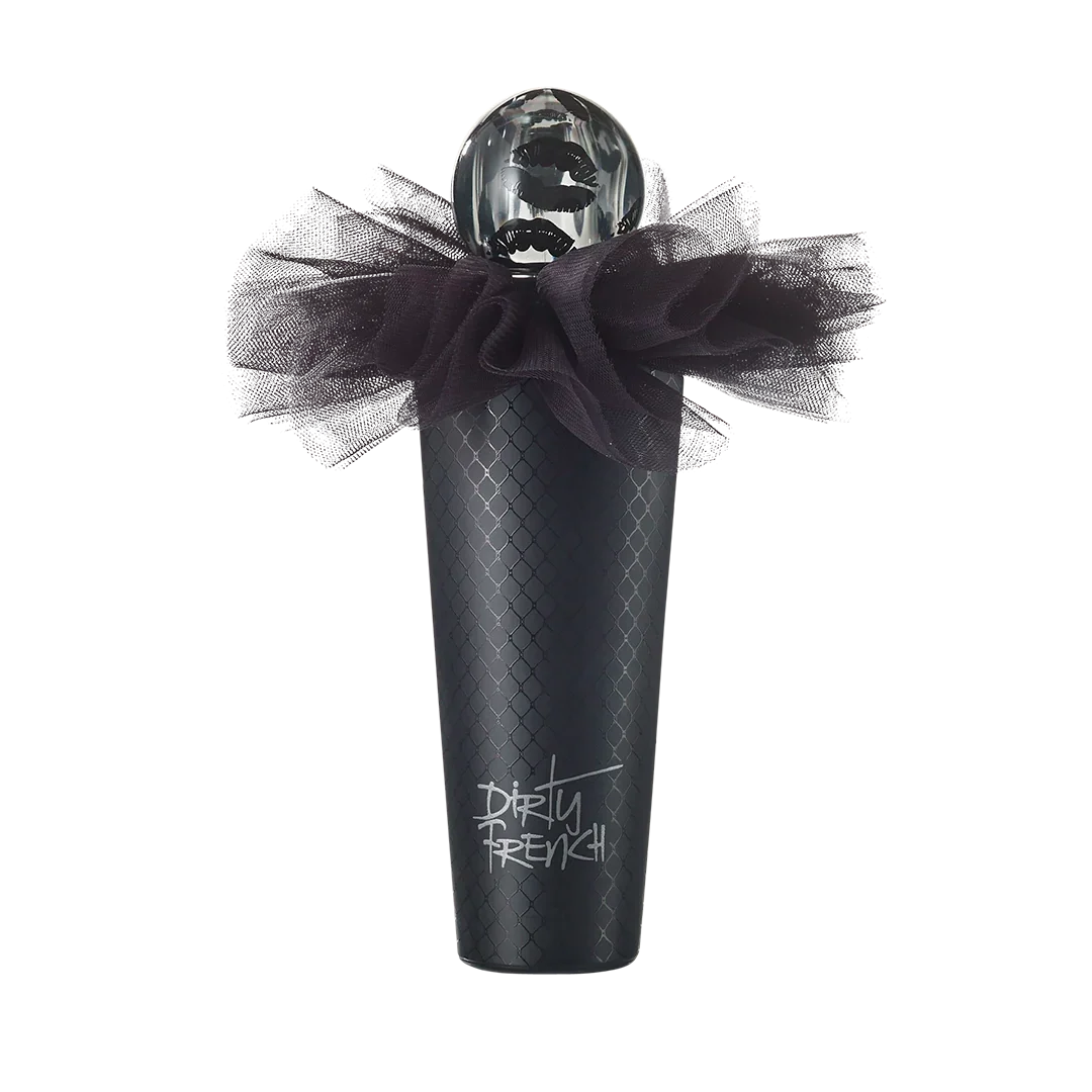 Black perfume bottle with tulle bow, silver lips cap, and 'Dirty French' label.