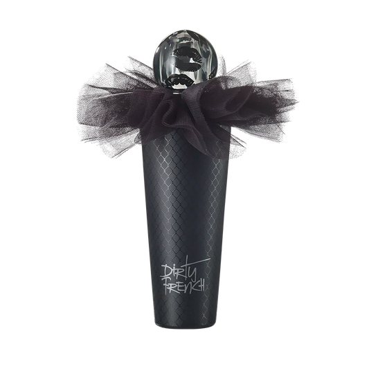 Black perfume bottle with tulle bow, silver lips cap, and 'Dirty French' label.
