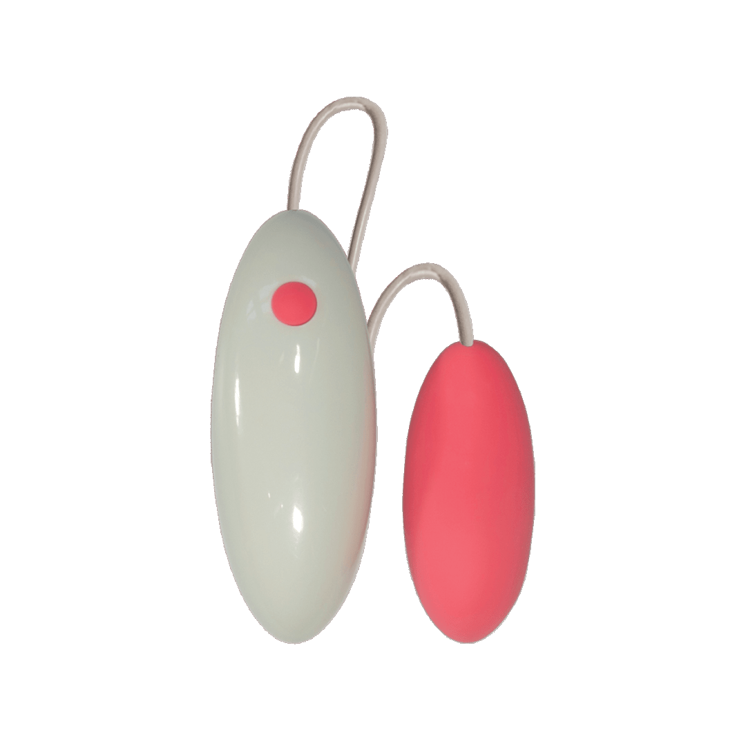 Pink and white remote-controlled bullet massager with attached cord, isolated on white background