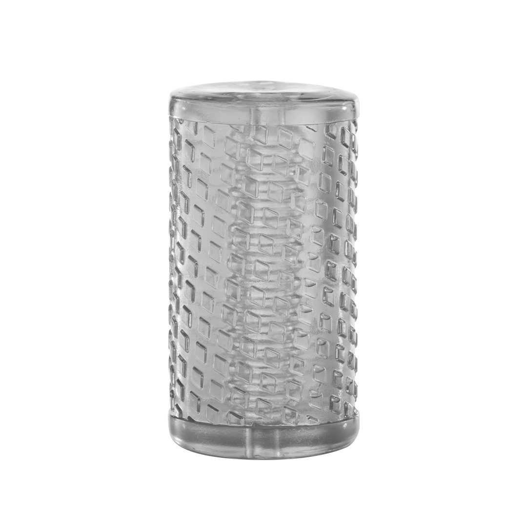 Clear textured silicone massage sleeve with geometric pattern for wellness use