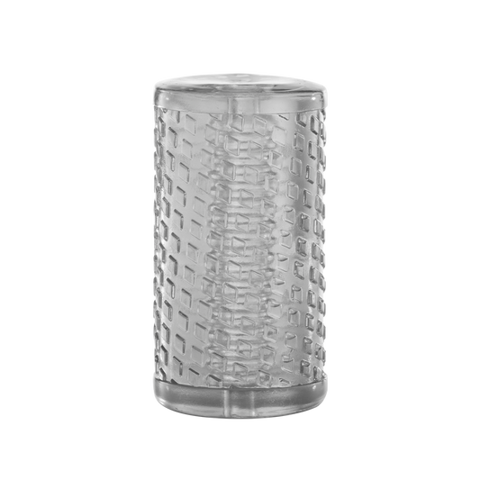 Clear textured silicone massage sleeve with geometric pattern for wellness use