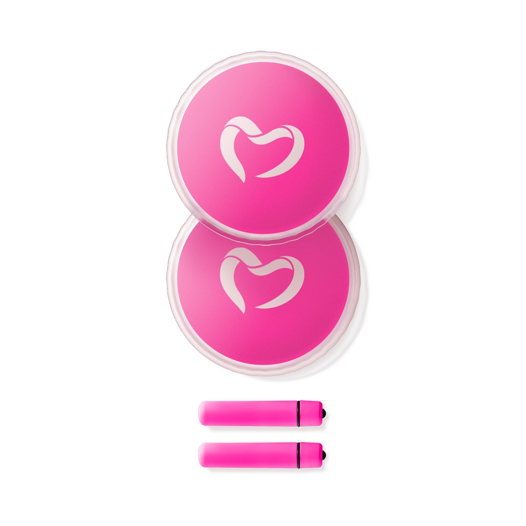 Pink massage therapy set with heart logo, includes two round pads and two cylindrical devices.