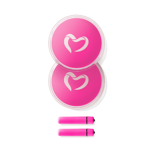 Pink massage therapy set with heart logo, includes two round pads and two cylindrical devices.