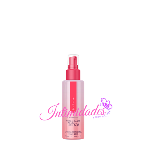 Pink water-based personal lubricant bottle with spray pump and clear label design
