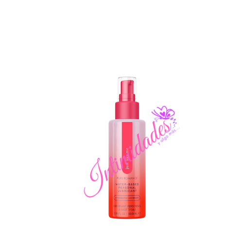 Pink strawberry lemonade water-based lubricant bottle with spray nozzle on white background