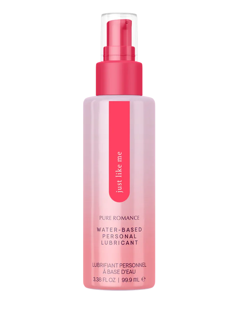 Water-based personal lubricant bottle with pink pump dispenser for intimate wellness