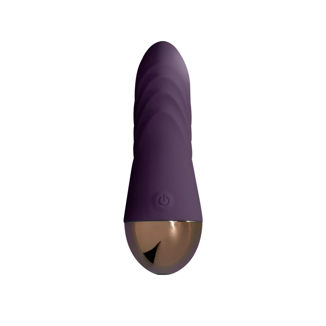 Purple silicone personal massager with gold accent, smooth and ergonomic design