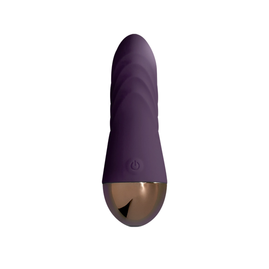 Purple silicone personal massager with gold accent, smooth and ergonomic design