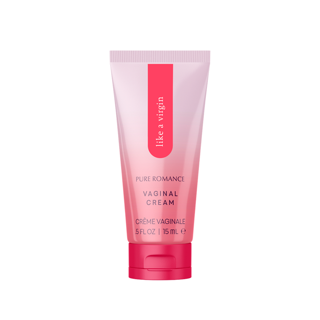 Pink tube labeled 'Like a Virgin' Pure Romance vaginal cream, 0.5 fl oz, on white background.