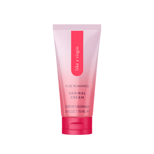 Pink tube labeled 'Like a Virgin' Pure Romance vaginal cream, 0.5 fl oz, on white background.