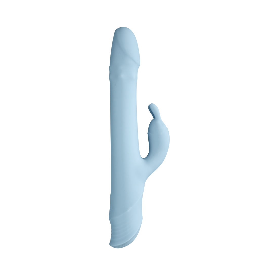 Light blue silicone dual-action rabbit vibrator for intimate wellness on white background