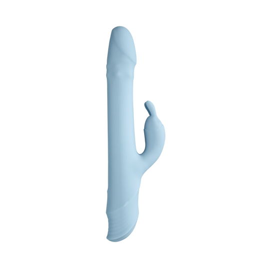 Light blue silicone dual-action rabbit vibrator for intimate wellness on white background