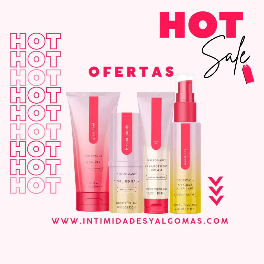 Assortment of Pure Romance intimacy and wellness products in pink packaging with HOT SALE and special offers text.