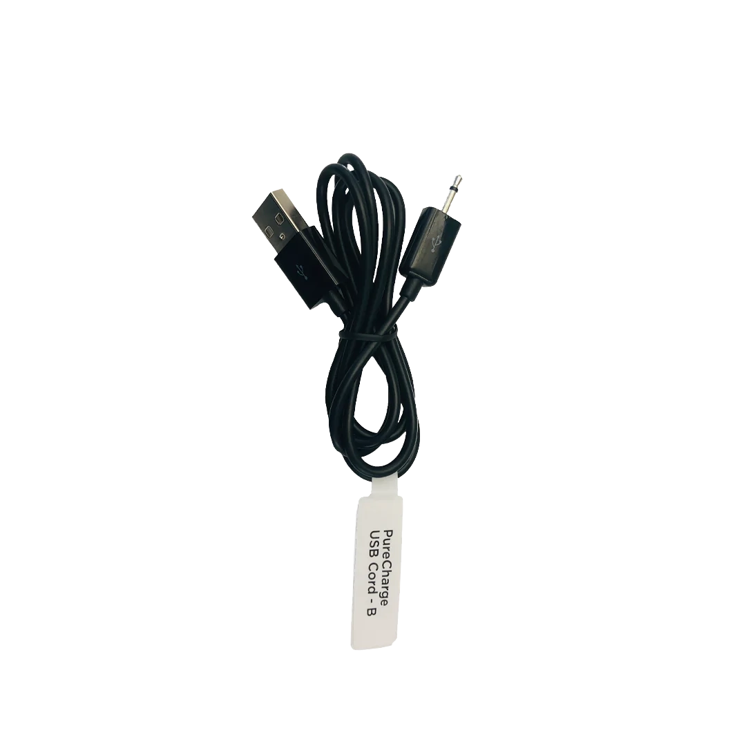 Black PureCharge USB charging cable with 3.5mm jack and label, on white background