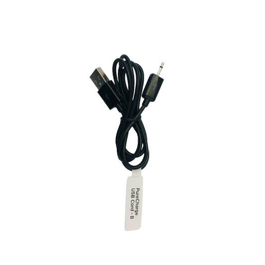 Black PureCharge USB charging cable with 3.5mm jack and label, on white background