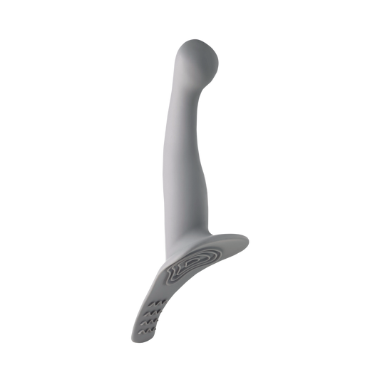Gray silicone vibrating strap-on attachment with curved ergonomic design on white background