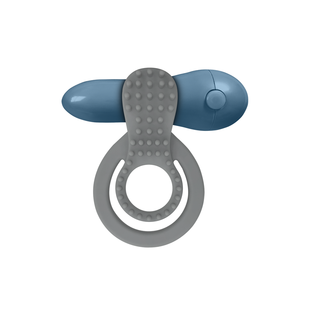 Gray and blue silicone vibrating ring with textured surface for intimate wellness.