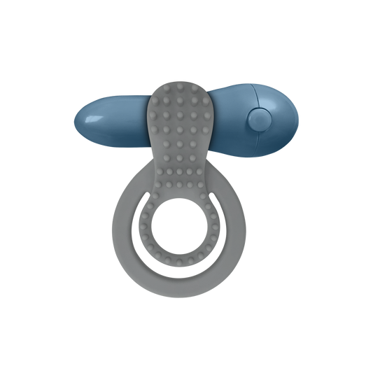 Gray and blue silicone vibrating ring with textured surface for intimate wellness.