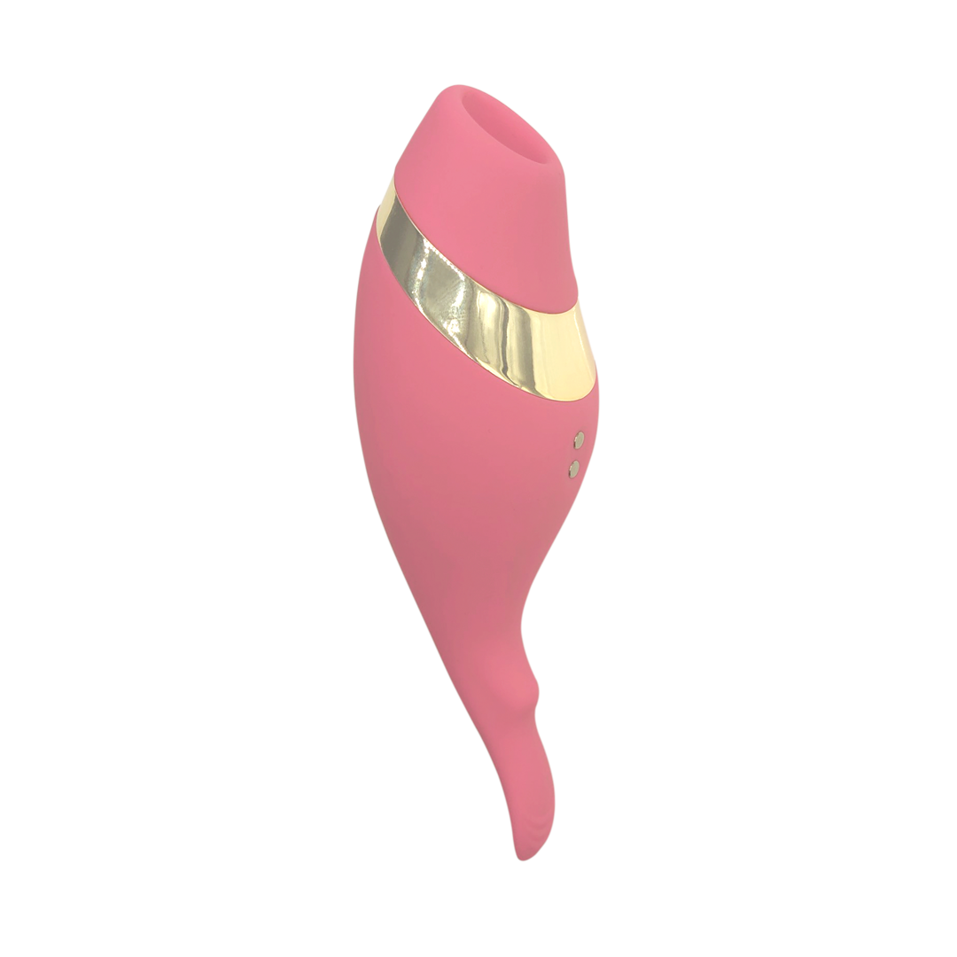 Pink silicone personal massager with gold accent, ergonomic design, isolated on white background