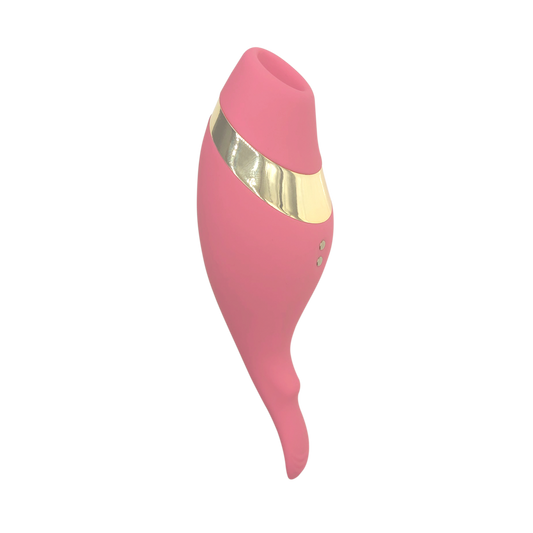 Pink silicone personal massager with gold accent, ergonomic design, isolated on white background