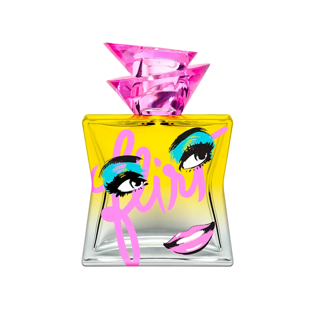 Square yellow and clear perfume bottle with pink cap, pop art face, and 'flirt' text on front.