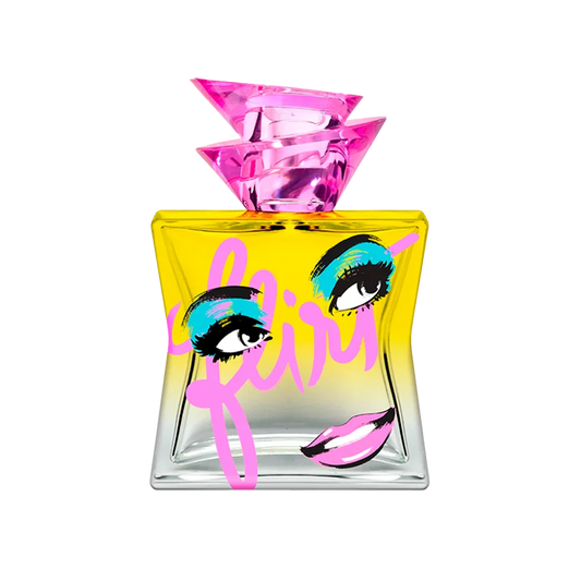 Square yellow and clear perfume bottle with pink cap, pop art face, and 'flirt' text on front.