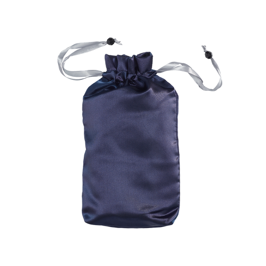 Navy blue satin drawstring pouch with gray ribbons on white background