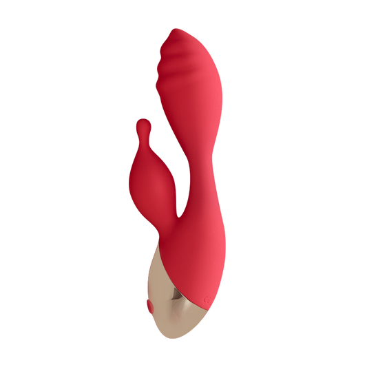 Dual-action red silicone rabbit vibrator with curved design and metallic accent handle
