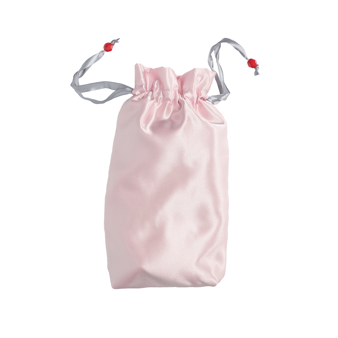 Light pink satin drawstring pouch with gray ribbon and red bead accents