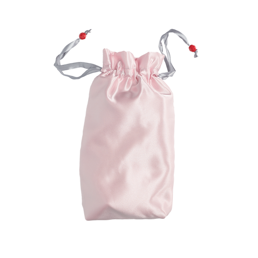 Light pink satin drawstring pouch with gray ribbon and red bead accents