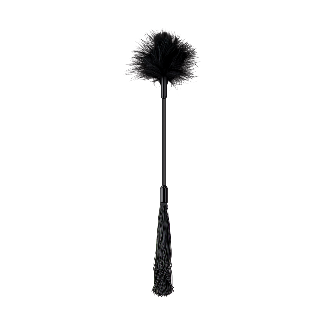 Black dual-ended feather tickler and whip for sensory play
