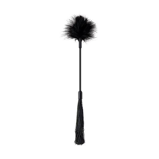 Black dual-ended feather tickler and whip for sensory play