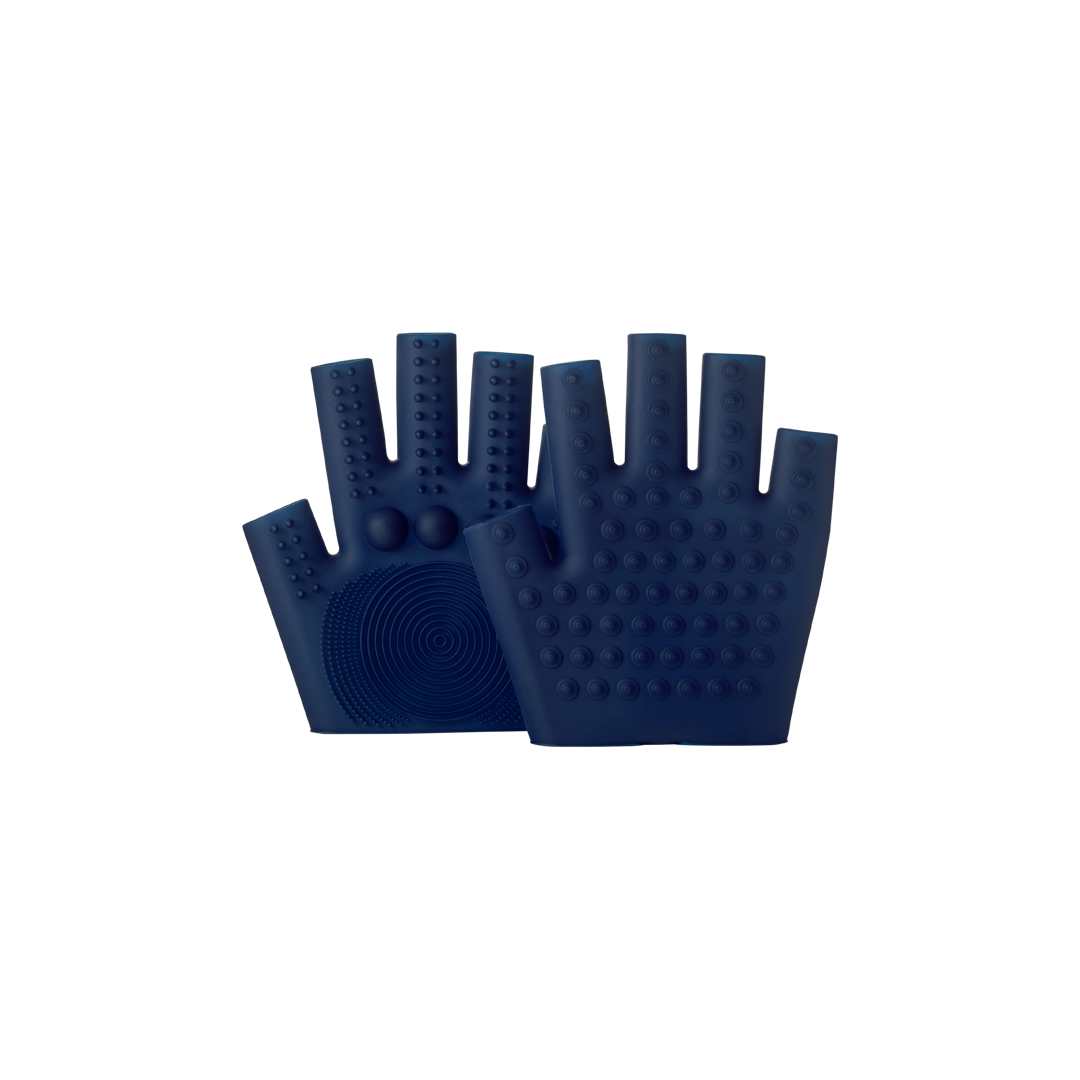 Pair of blue silicone massage gloves with textured dots for skin care and wellness