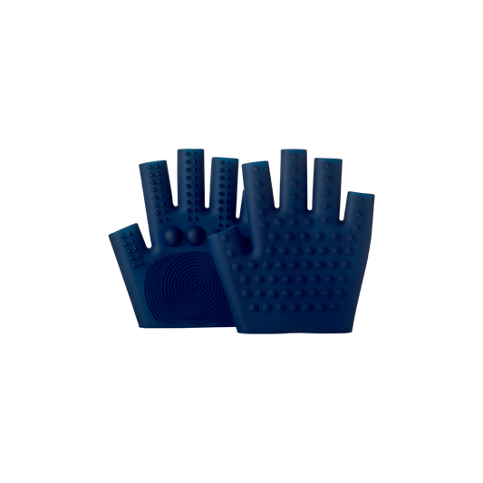 Pair of blue silicone massage gloves with textured dots for skin care and wellness