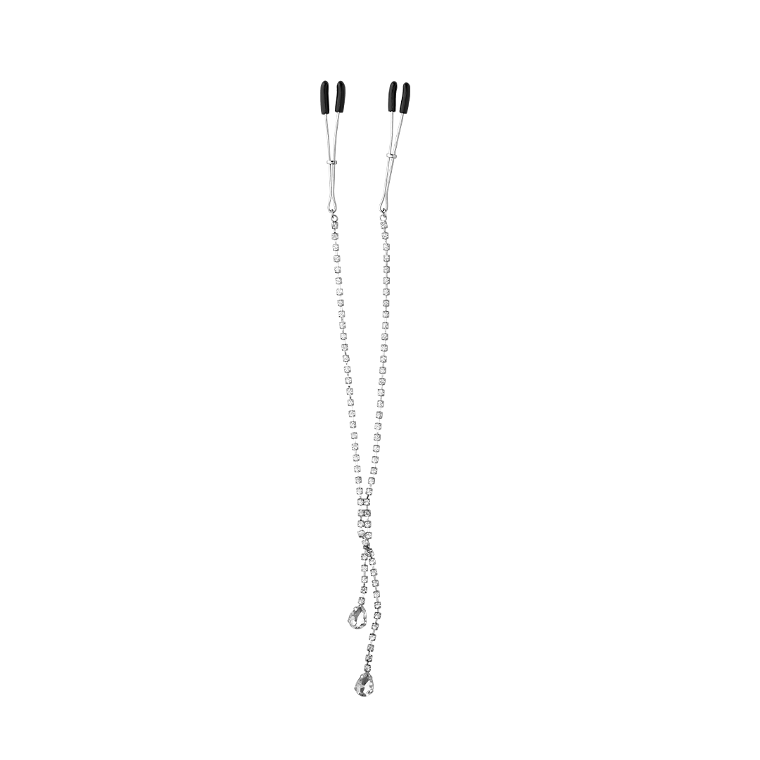 Adjustable silver nipple clamps with black tips and connecting chain for sensual massage