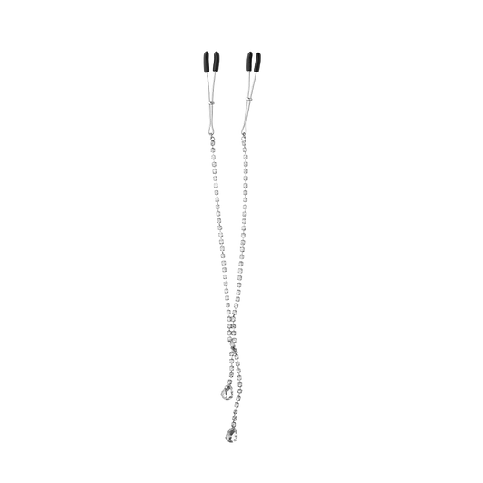 Adjustable silver nipple clamps with black tips and connecting chain for sensual massage