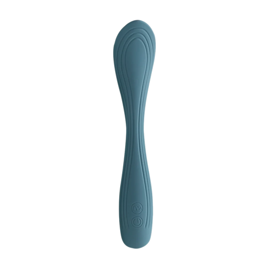 Blue silicone massage wand with textured design on white background