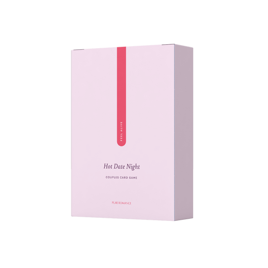 Hot Date Night couples card game box for relationships and intimacy, light pink packaging