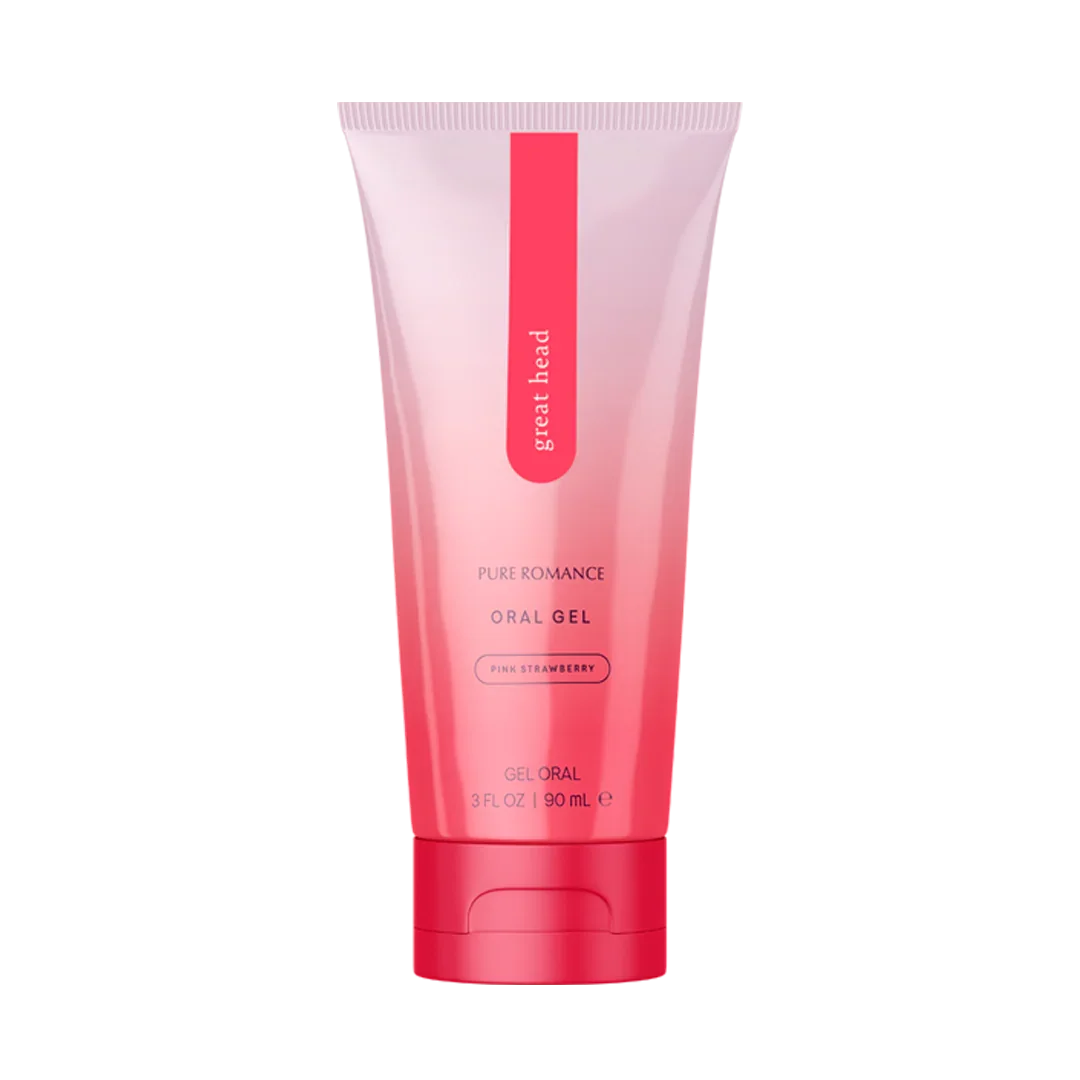 Pink strawberry-flavored oral gel tube for intimacy, sexual wellness, and couples.