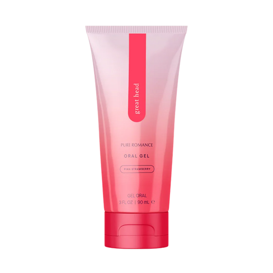 Pink strawberry-flavored oral gel tube for intimacy, sexual wellness, and couples.