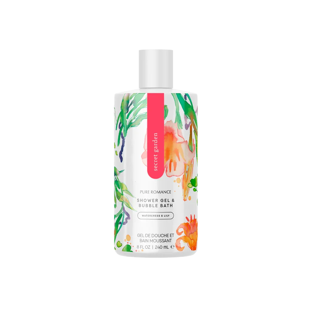 Shower gel and bubble bath bottle with floral design, labeled watercress and lily.