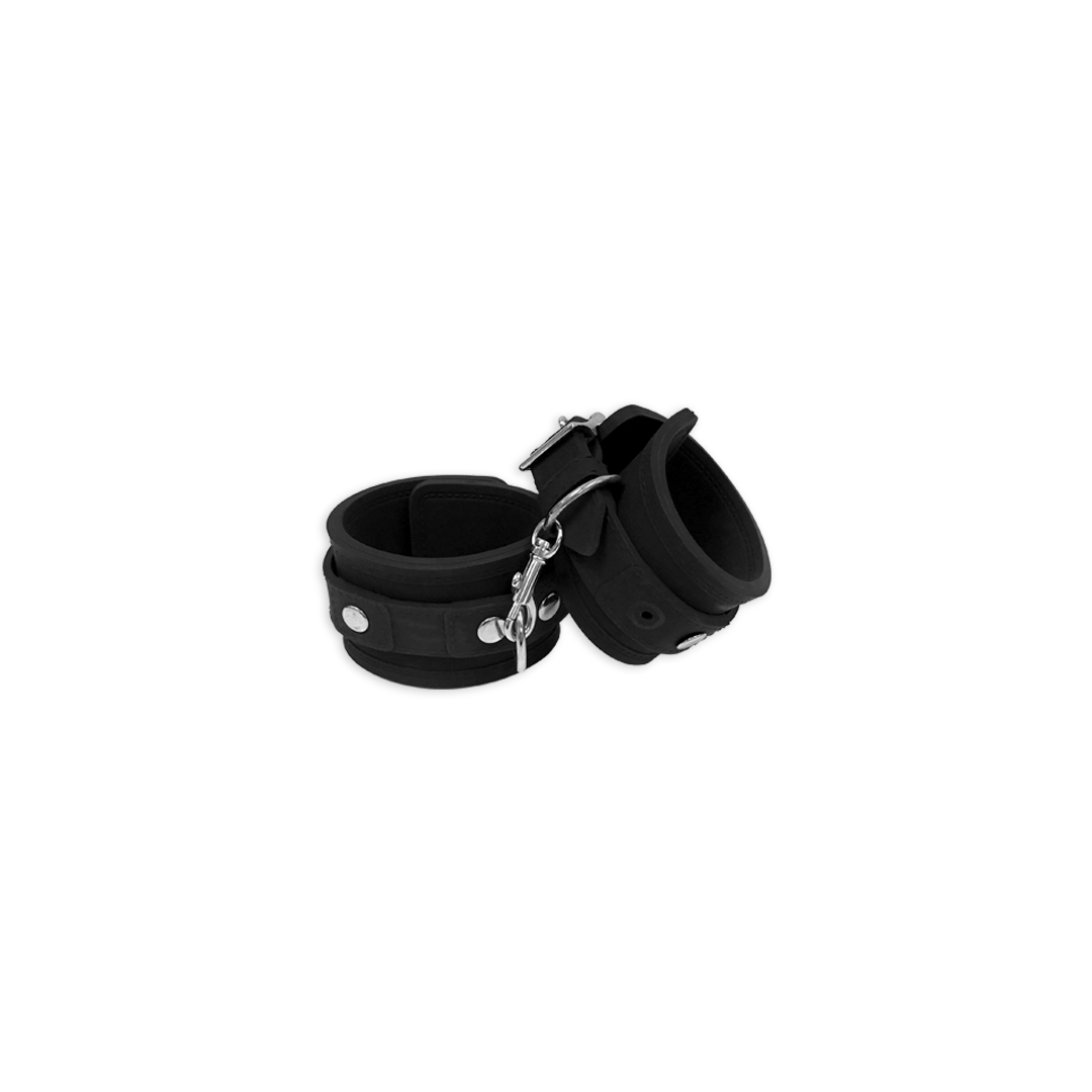 Black adjustable wrist cuffs with metal buckle and connecting chain for couples wellness