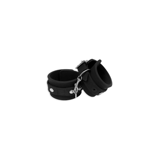 Black adjustable wrist cuffs with metal buckle and connecting chain for couples wellness
